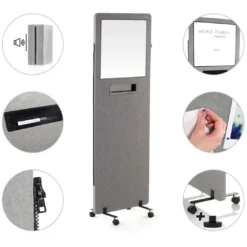 Biombo separador acústico tapizado individual con pizarra y bandeja
