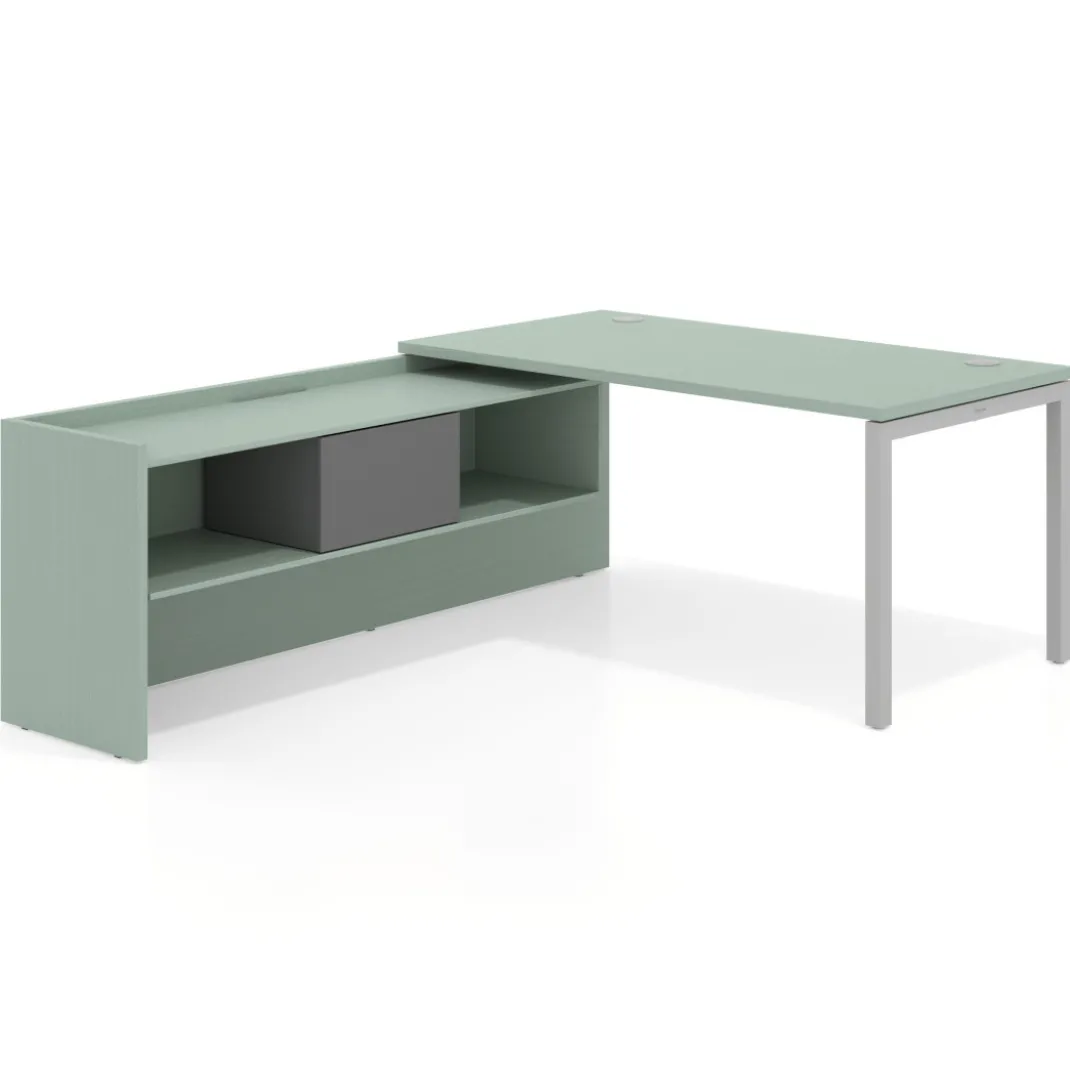 Mesa de despacho en L Kube fondo 80cm con ala+cajones WorkPlus estructura aluminio