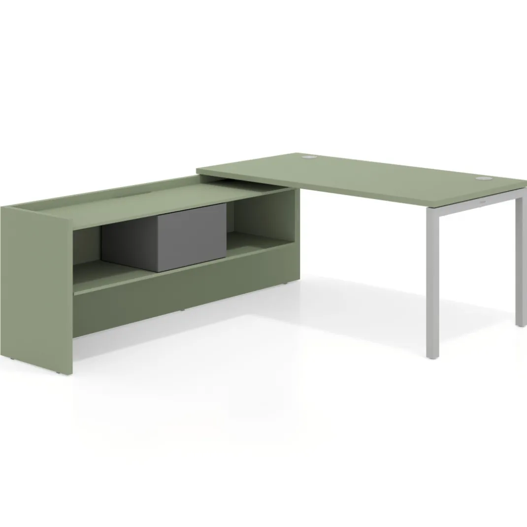 Mesa de despacho en L Kube fondo 80cm con ala+cajones WorkPlus estructura aluminio