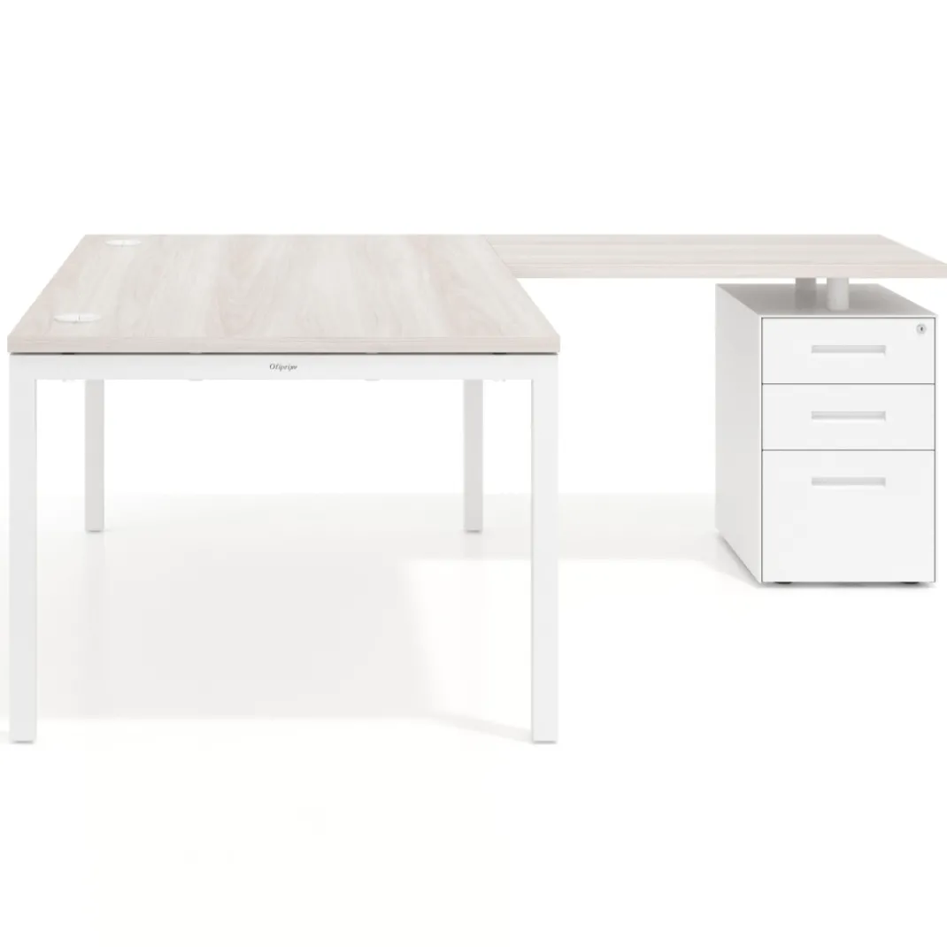 Mesa de dirección en L con cajones Kube, fondo 100, frontales metal, estructura blanca