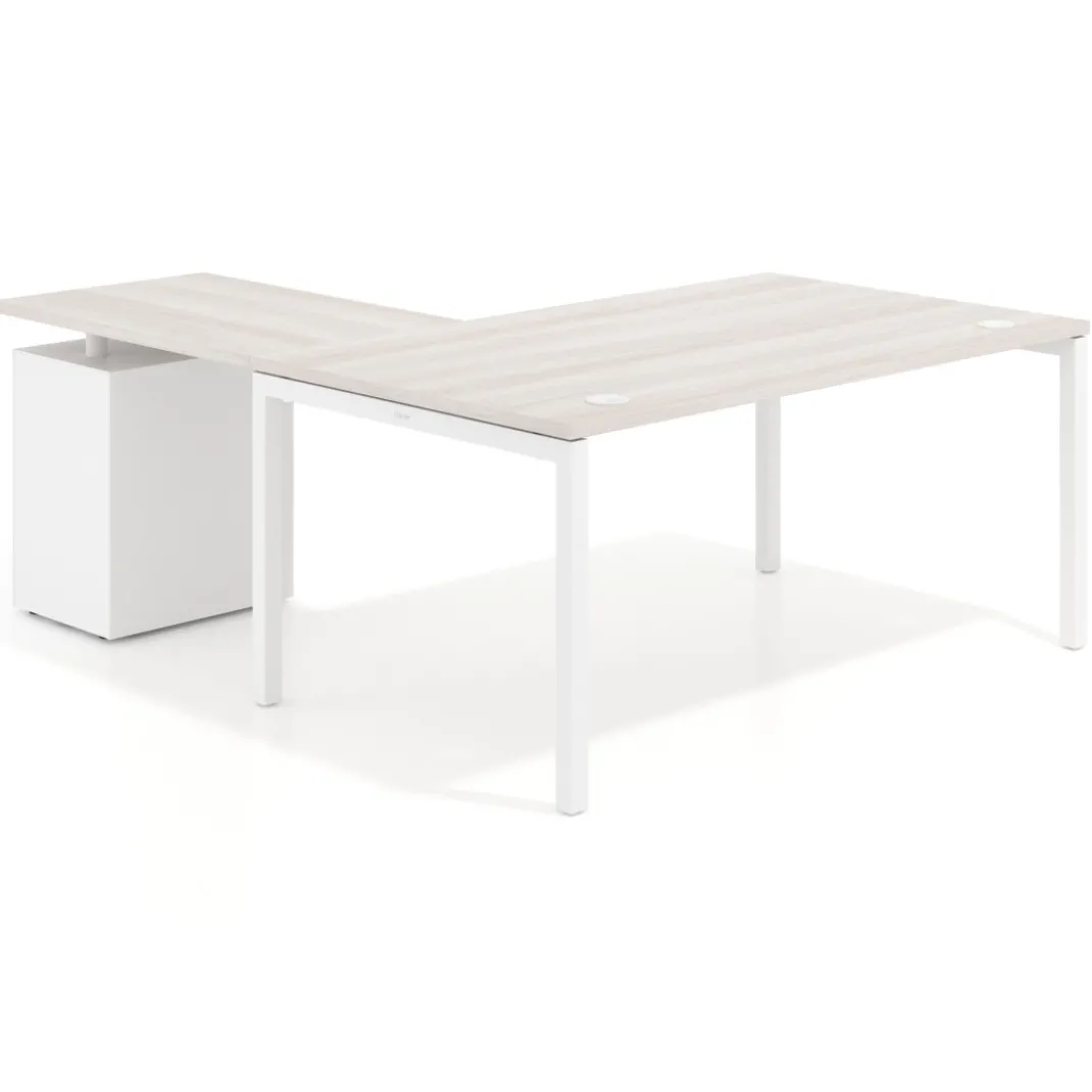 Mesa de dirección en L con cajones Kube, fondo 100, frontales metal, estructura blanca