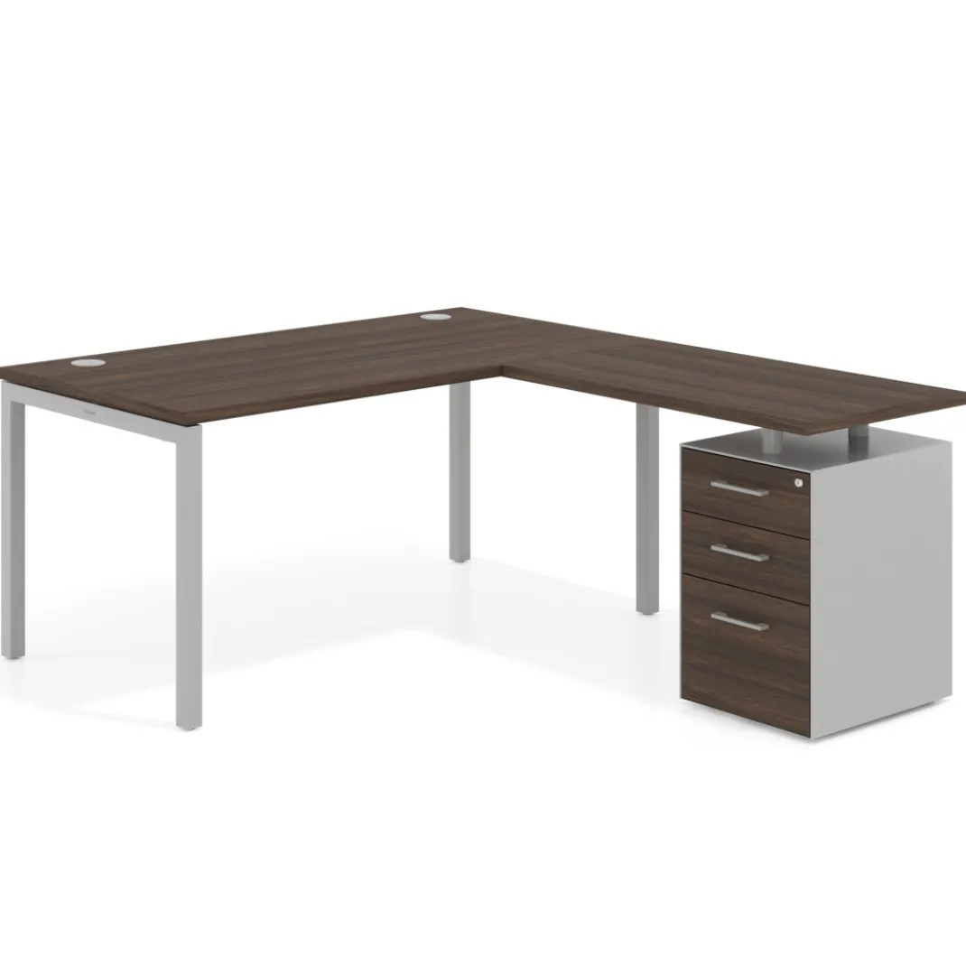 Mesa de dirección en L con cajones Kube, fondo 100, frontales melamina, estructura aluminio