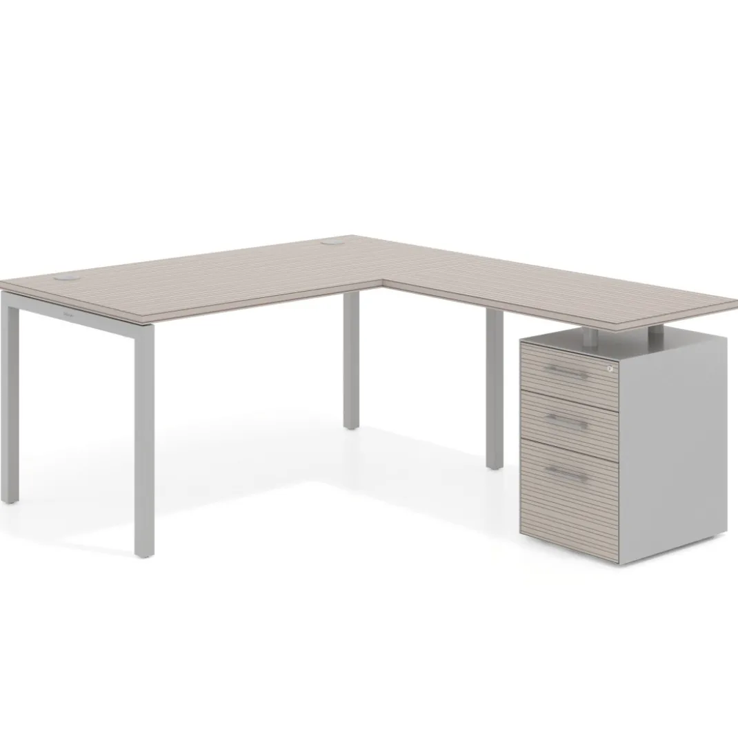 Mesa de dirección en L con cajones Kube, fondo 100, frontales melamina, estructura aluminio