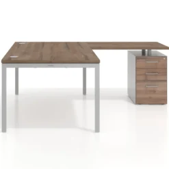 Mesa de dirección en L con cajones Kube, fondo 100, frontales melamina, estructura aluminio