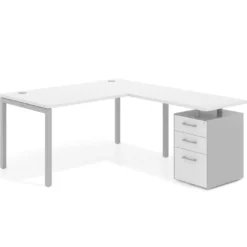 Mesa de dirección en L con cajones Kube, fondo 100, frontales melamina, estructura aluminio