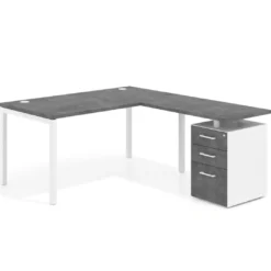 Mesa de dirección en L con cajones Kube, fondo 100, frontales melamina, estructura blanca