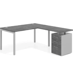Mesa de dirección en L con cajones Kube, fondo 100, frontales melamina, estructura aluminio