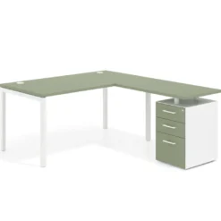 Mesa de dirección en L con cajones Kube, fondo 100, frontales melamina, estructura blanca