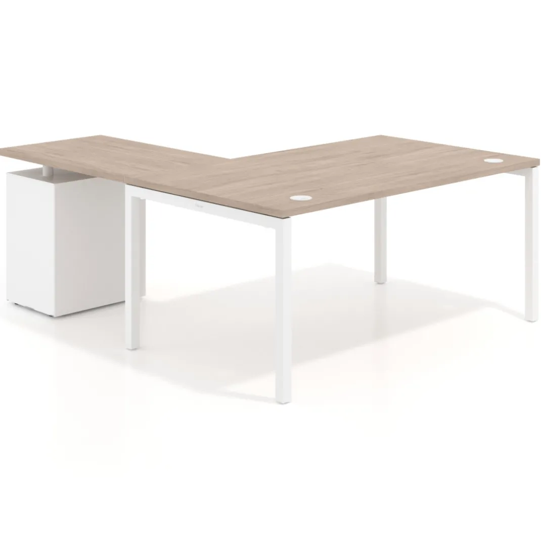 Mesa de dirección en L con cajones Kube, fondo 100, frontales melamina, estructura blanca