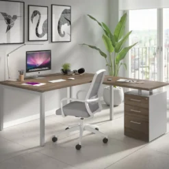 Mesa de dirección en L con cajones Kube, fondo 100, frontales melamina, estructura aluminio