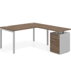 Mesa de dirección en L con cajones Kube, fondo 100, frontales melamina, estructura aluminio