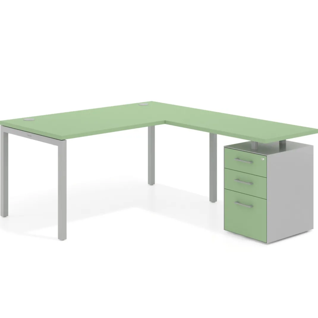 Mesa de dirección en L con cajones Kube, fondo 100, frontales melamina, estructura aluminio