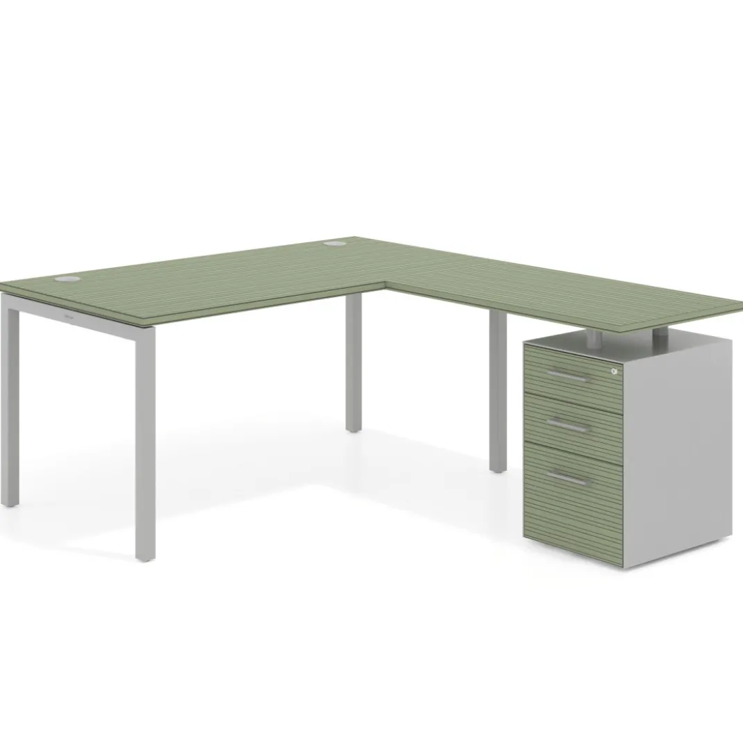 Mesa de dirección en L con cajones Kube, fondo 100, frontales melamina, estructura aluminio