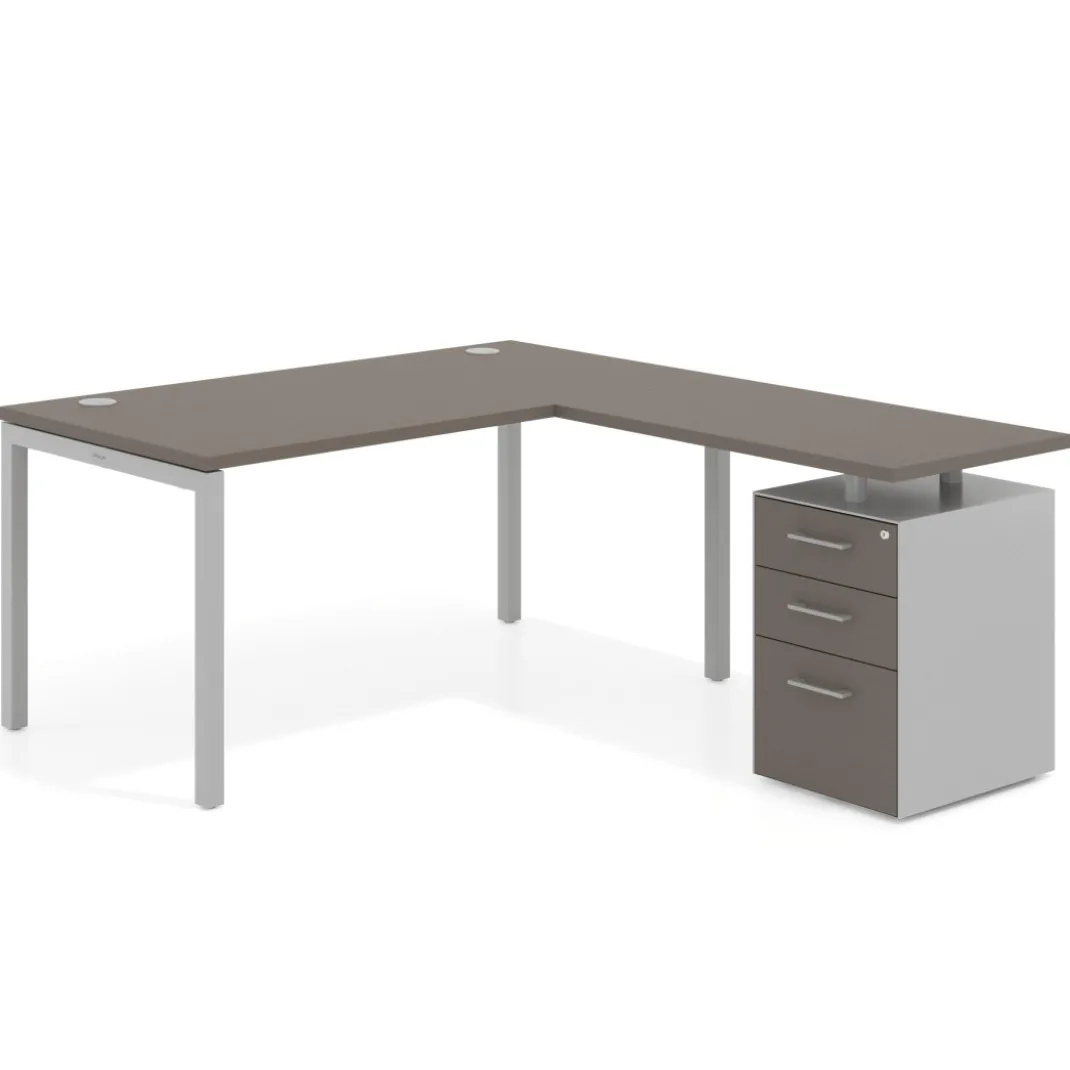 Mesa de dirección en L con cajones Kube, fondo 100, frontales melamina, estructura aluminio
