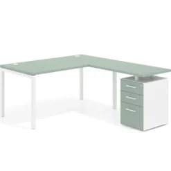 Mesa de dirección en L con cajones Kube, fondo 100, frontales melamina, estructura blanca