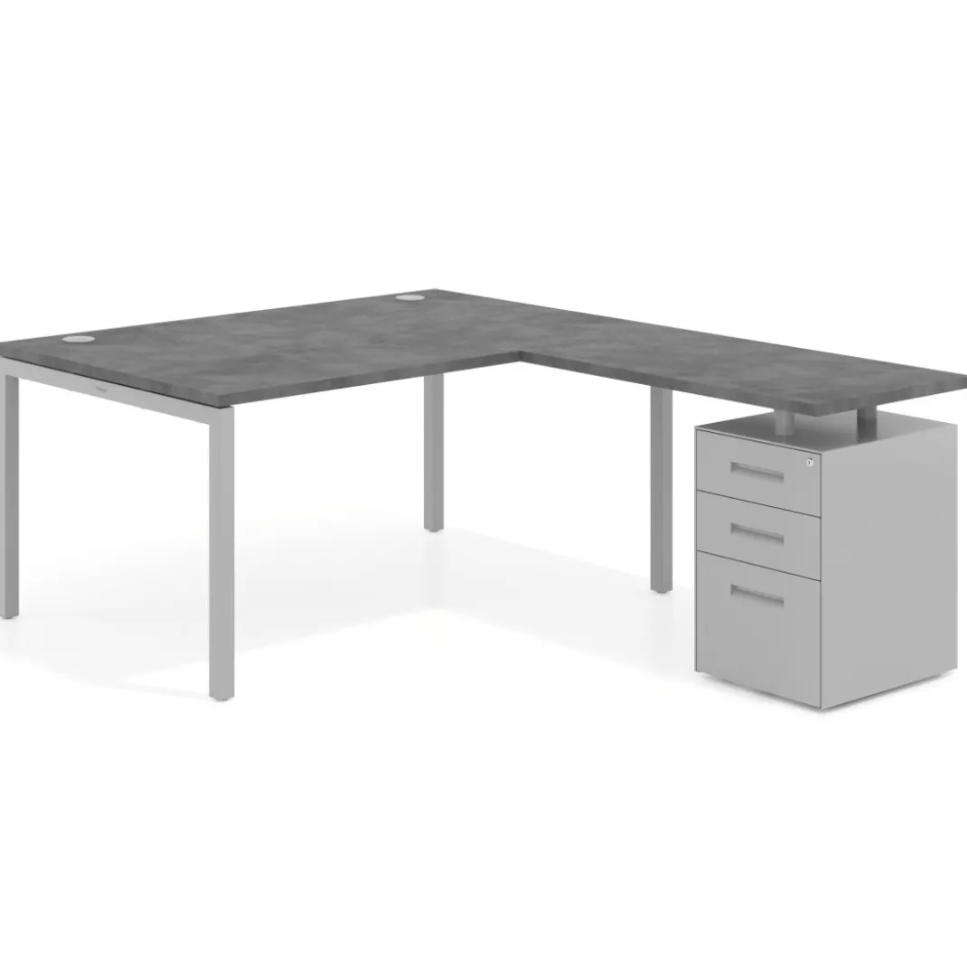 Mesa de dirección en L con cajones Kube, fondo 100, frontales metal, estructura aluminio