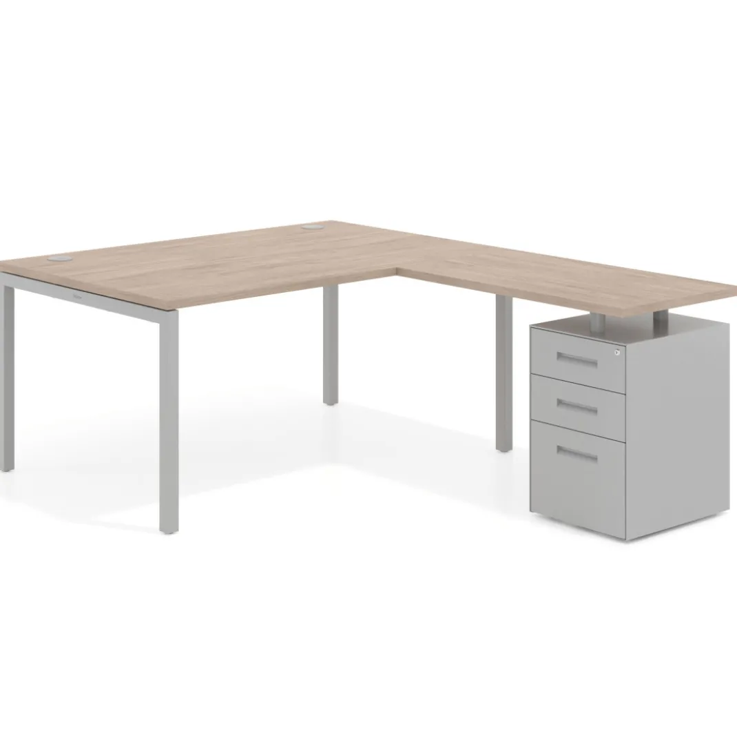 Mesa de dirección en L con cajones Kube, fondo 100, frontales metal, estructura aluminio
