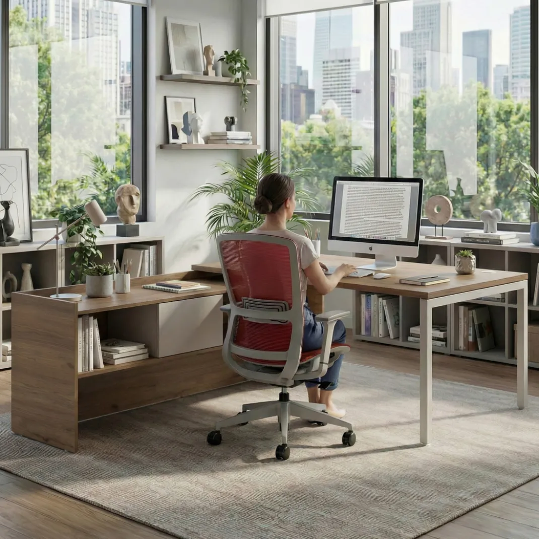 Mesa de dirección en L Kube fondo 100cm con ala+cajones WorkPlus estructura blanco