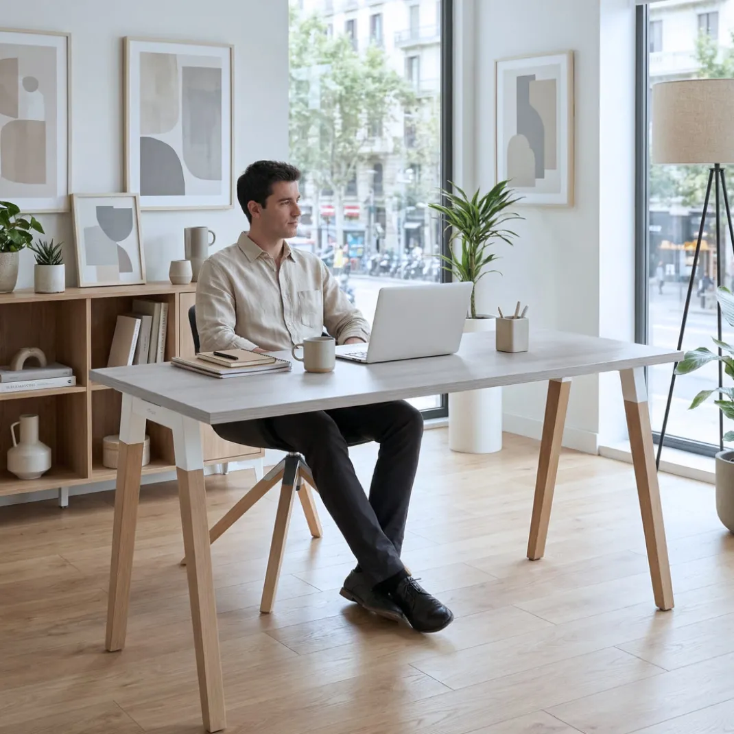 Mesa de escritorio Arki, patas de madera maciza, fondo 60cm