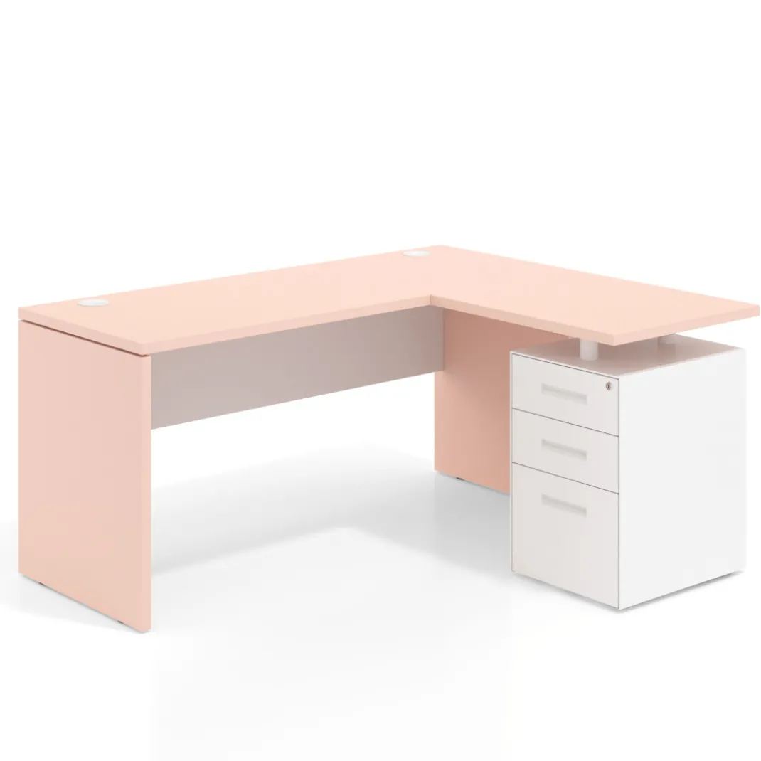 Mesa de Escritorio con cajones en L Work Plus, ala corta, fondo 60, frontales de metal diseño bicolor