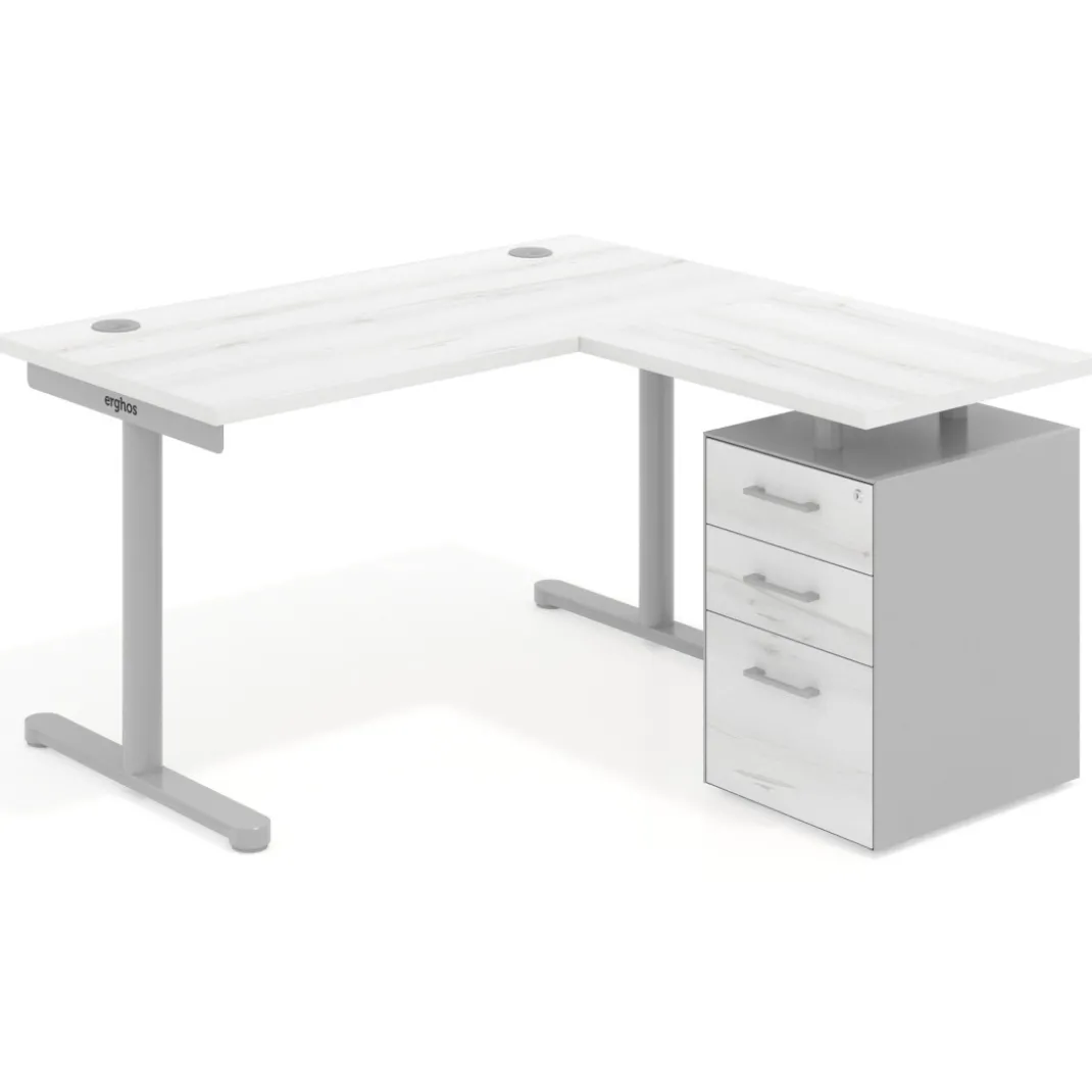 Mesa de Escritorio con cajones, fondo 68cm, estructura aluminio, ala corta, pedestal melamina