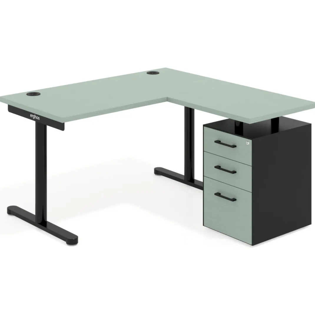 Mesa de Escritorio con cajones, fondo 68cm, estructura negra, ala corta, pedestal melamina