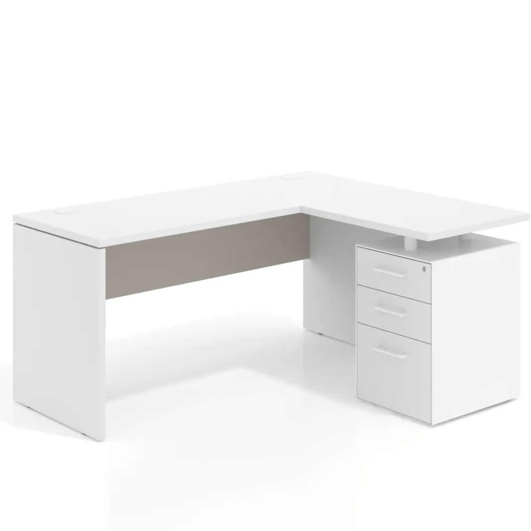Mesa de Escritorio con cajones en L Work Plus, ala corta, fondo 60, frontales melamina estructura blanco mate