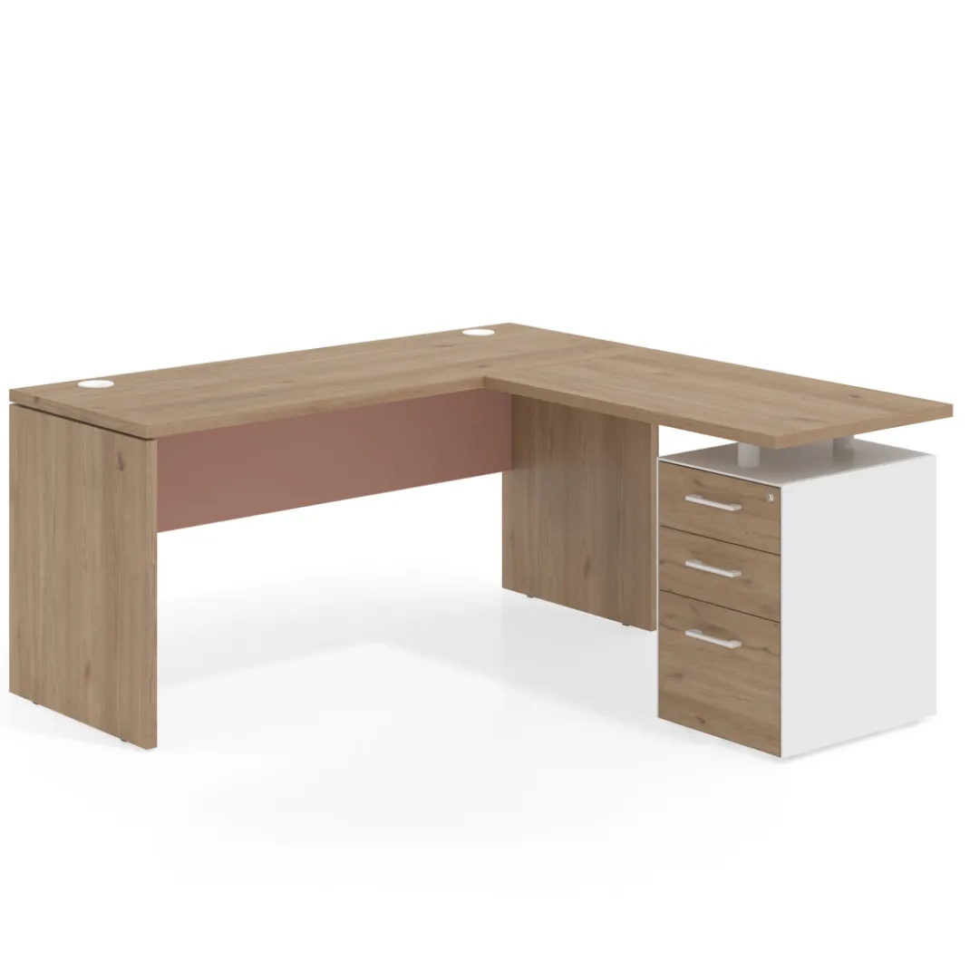 Mesa de Escritorio con cajones en L Work Plus fondo 60, frontales melamina estructura naturale