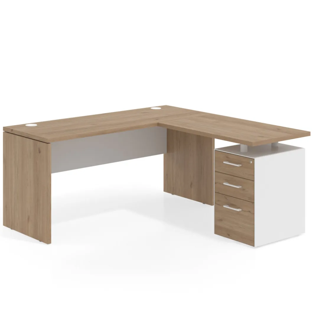 Mesa de Escritorio con cajones en L Work Plus fondo 60, frontales melamina estructura naturale