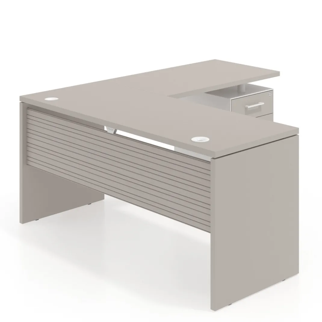 Mesa de Escritorio con cajones en L Work Plus fondo 60, frontales melamina diseño rayado