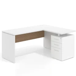 Mesa de Escritorio con cajones en L Work Plus, ala corta, fondo 60, frontales de metal diseño rayado