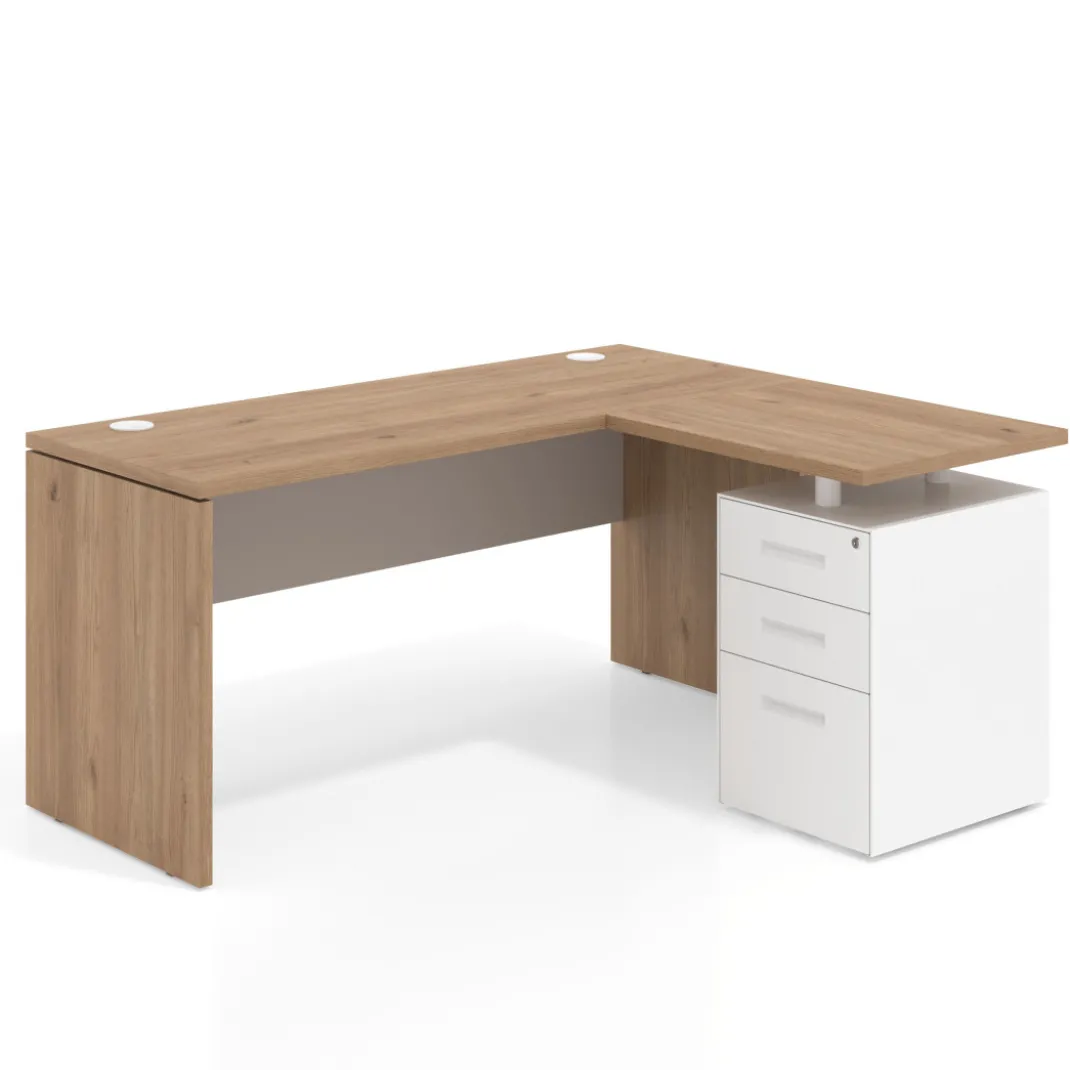Mesa de Escritorio con cajones en L Work Plus, ala corta, fondo 60, frontales de metal estructura naturale