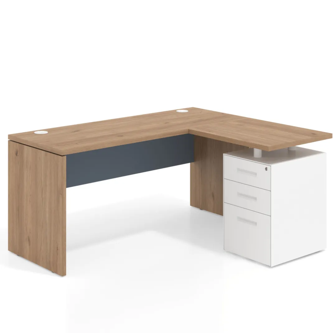 Mesa de Escritorio con cajones en L Work Plus, ala corta, fondo 60, frontales de metal estructura naturale