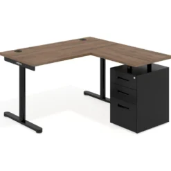 Mesa de Escritorio con cajones, fondo 68cm, estructura negra, ala corta, pedestal metálico