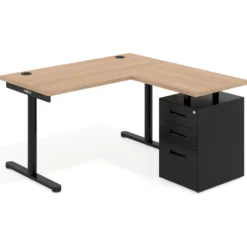 Mesa de Escritorio con cajones, fondo 68cm, estructura negra, ala corta, pedestal metálico