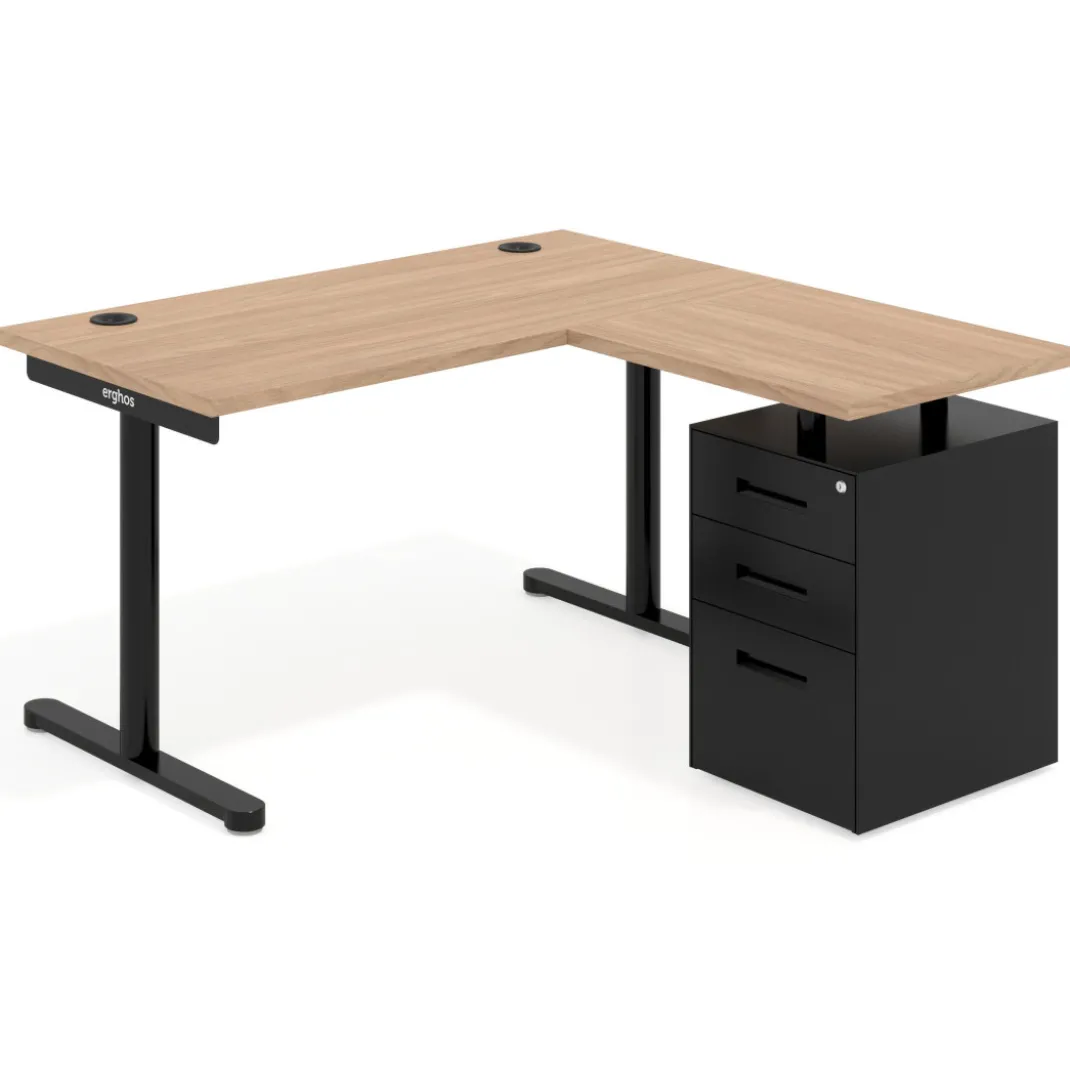 Mesa de Escritorio con cajones, fondo 68cm, estructura negra, ala corta, pedestal metálico