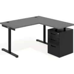 Mesa de Escritorio con cajones, fondo 68cm, estructura negra, ala corta, pedestal metálico