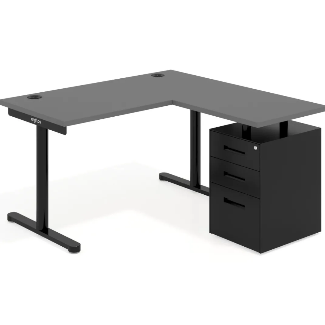 Mesa de Escritorio con cajones, fondo 68cm, estructura negra, ala corta, pedestal metálico
