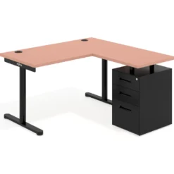 Mesa de Escritorio con cajones, fondo 68cm, estructura negra, ala corta, pedestal metálico