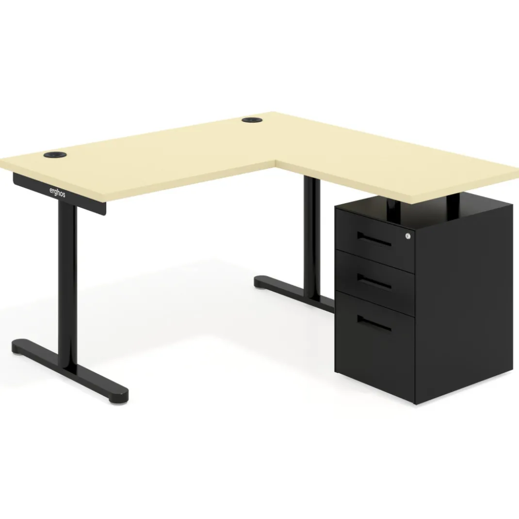 Mesa de Escritorio con cajones, fondo 68cm, estructura negra, ala corta, pedestal metálico