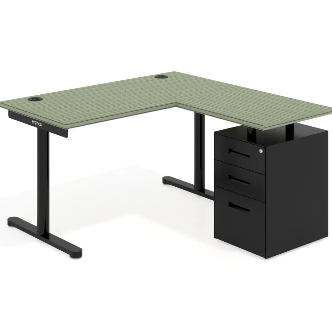 Mesa de Escritorio con cajones, fondo 68cm, estructura negra, ala corta, pedestal metálico