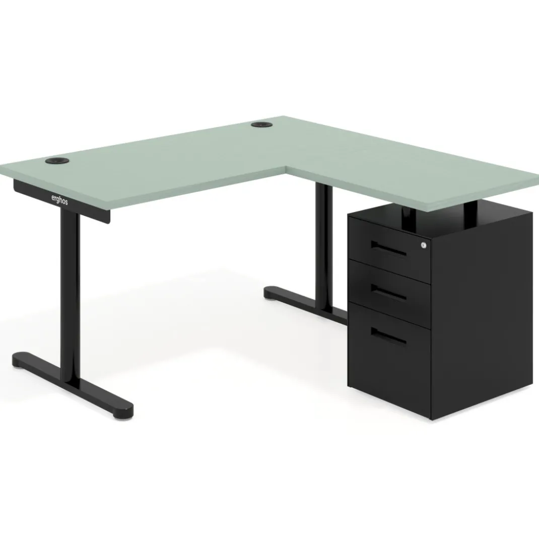 Mesa de Escritorio con cajones, fondo 68cm, estructura negra, ala corta, pedestal metálico