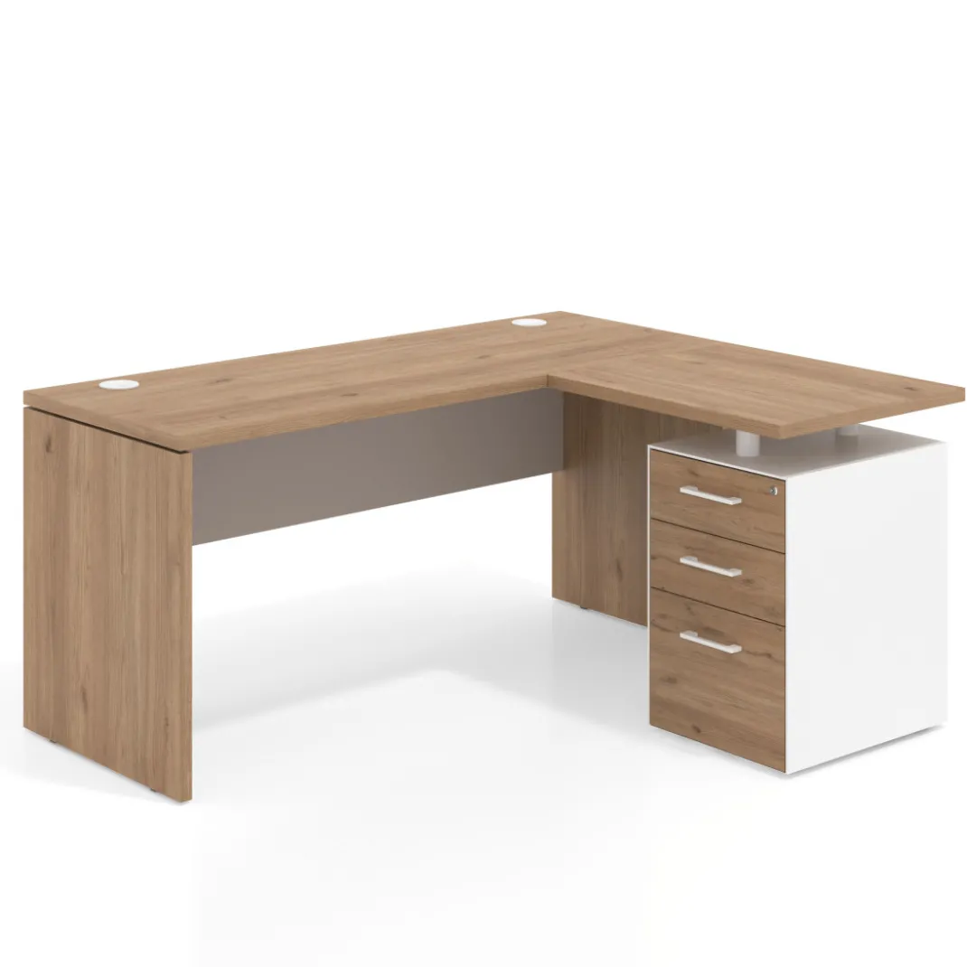 Mesa de Escritorio con cajones en L Work Plus, ala corta, fondo 60, frontales melamina estructura naturale