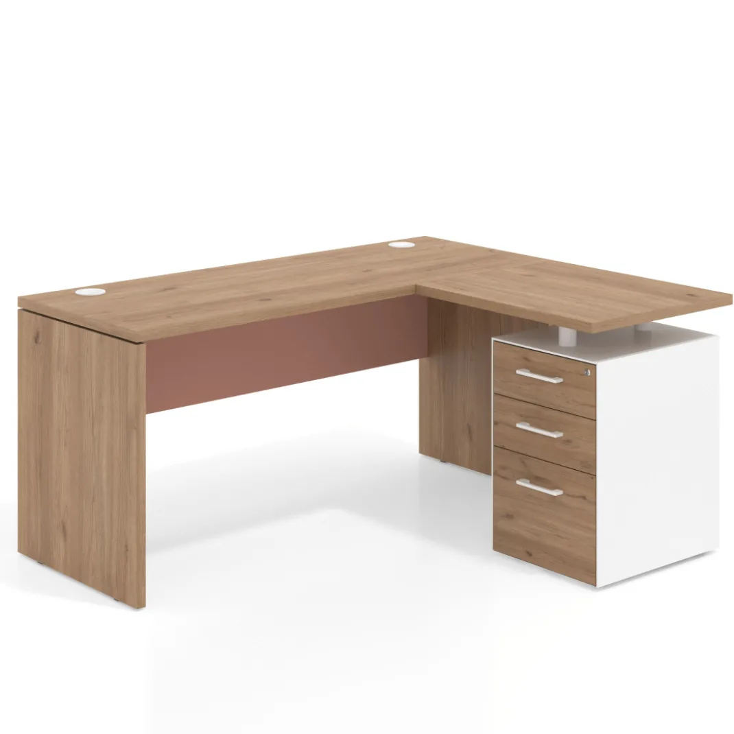 Mesa de Escritorio con cajones en L Work Plus, ala corta, fondo 60, frontales melamina estructura naturale