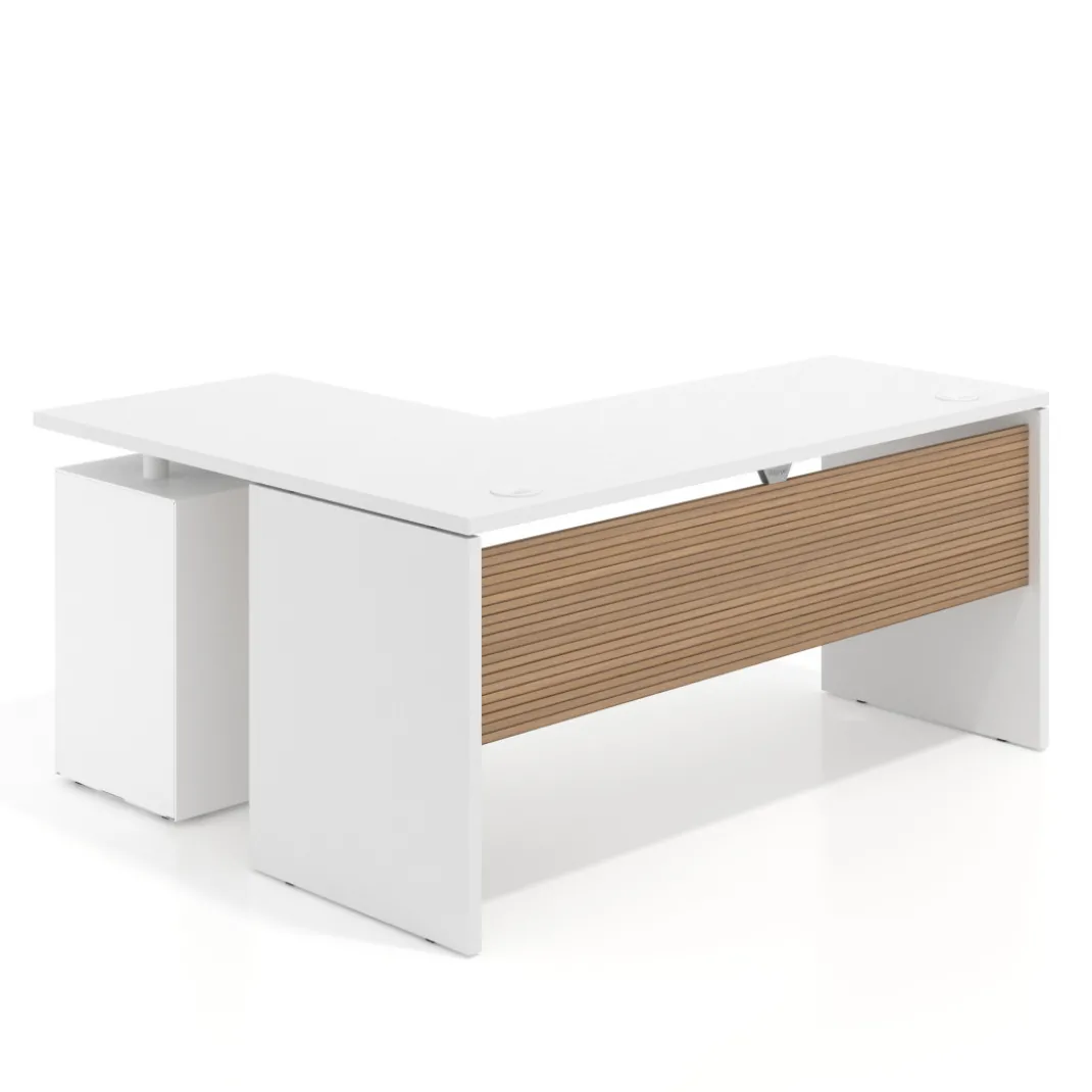 Mesa de Escritorio con cajones en L Work Plus, ala corta, fondo 60, frontales melamina diseño rayado