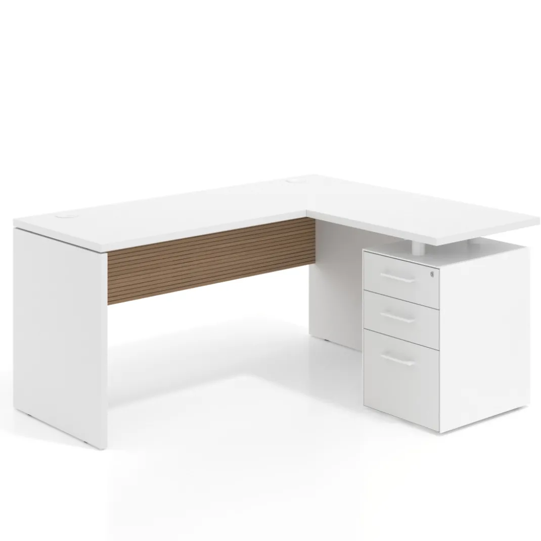 Mesa de Escritorio con cajones en L Work Plus, ala corta, fondo 60, frontales melamina diseño rayado
