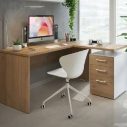 Mesa de Escritorio con cajones en L Work Plus, ala corta, fondo 60, frontales melamina diseño monocolor