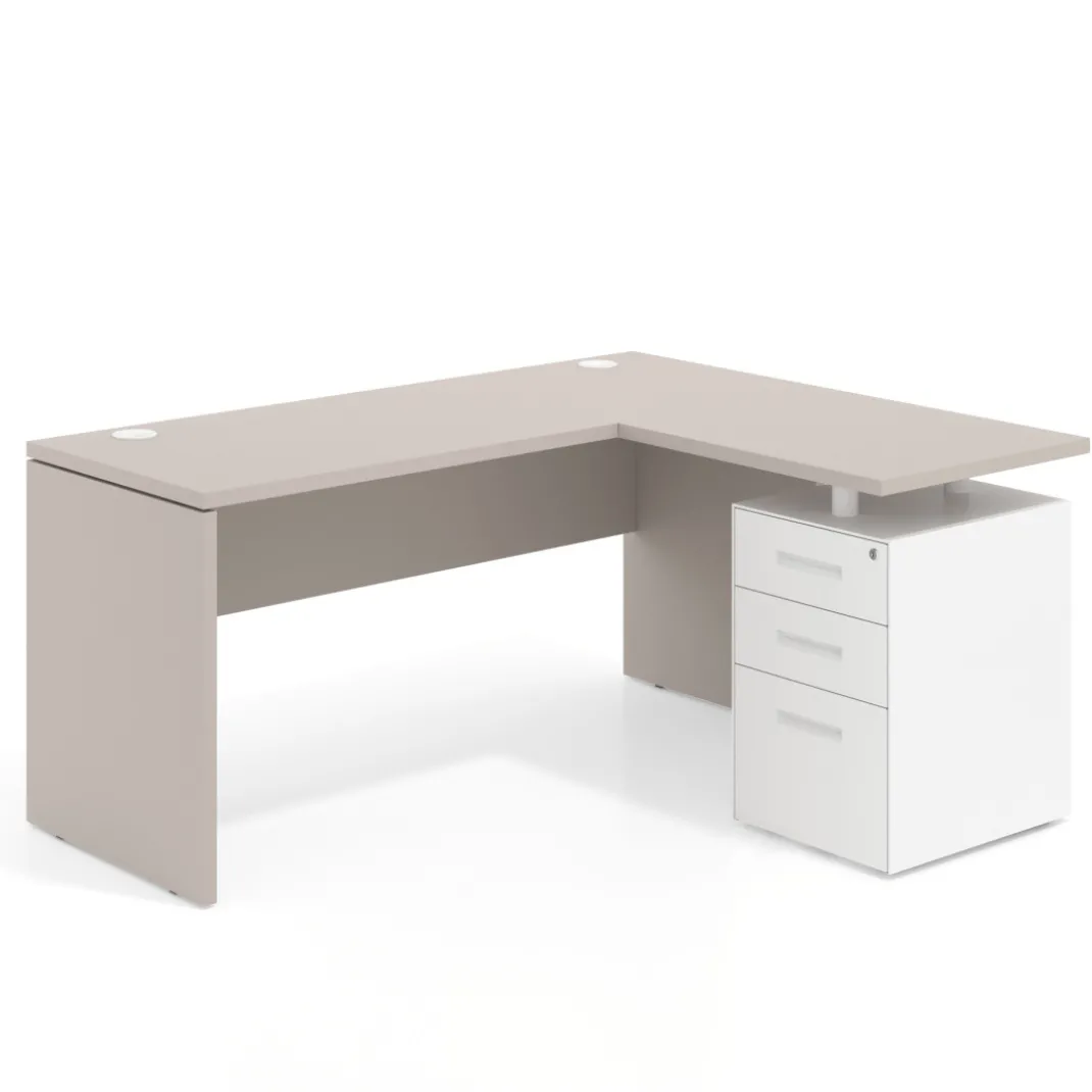 Mesa de Escritorio con cajones en L Work Plus, ala corta, fondo 60, frontales de metal diseño monocolor
