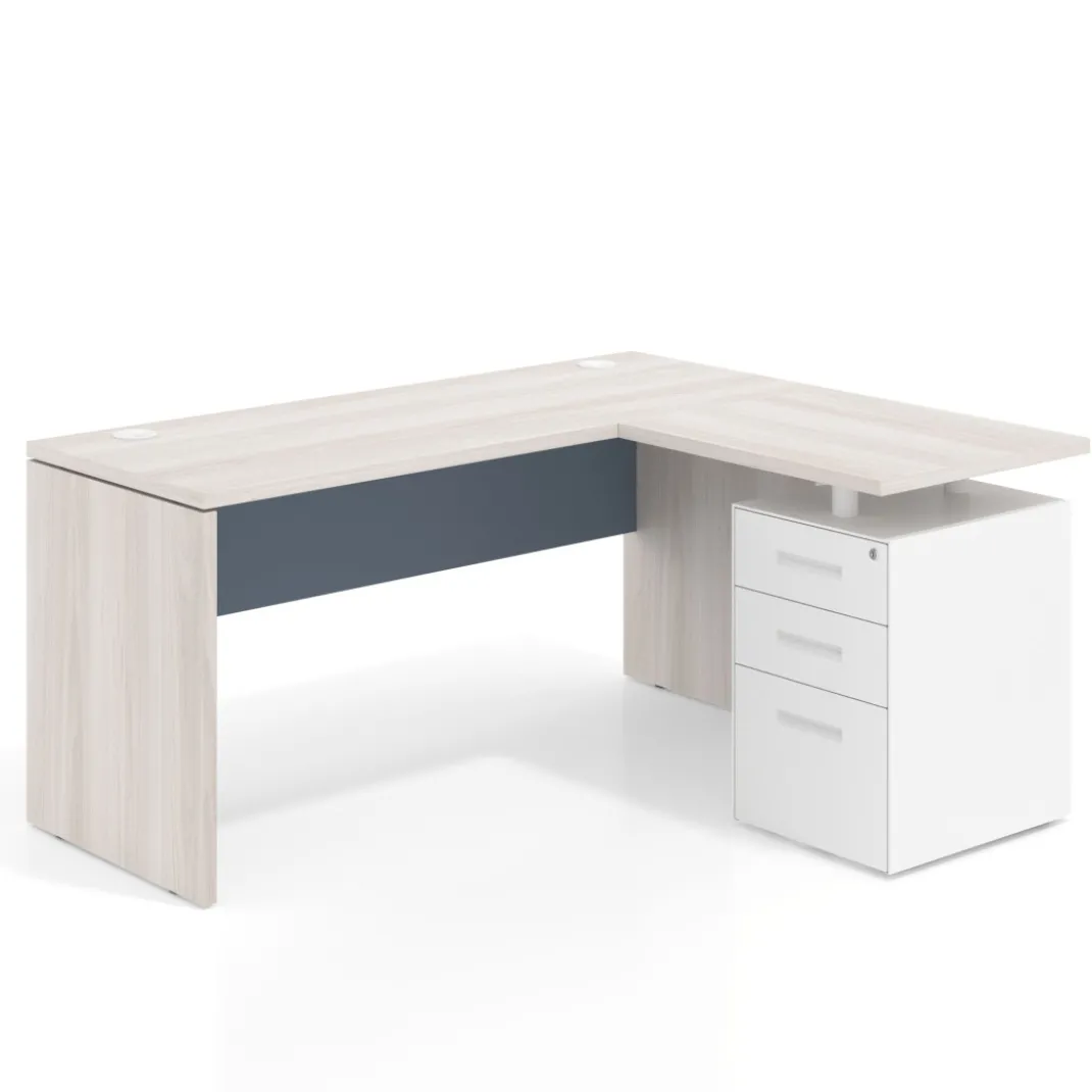 Mesa de Escritorio con cajones en L Work Plus, ala corta, fondo 60, frontales de metal estructura california