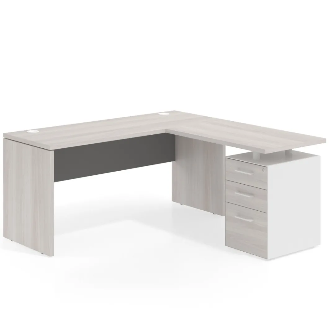 Mesa de Escritorio con cajones en L Work Plus fondo 60, frontales melamina estructura california